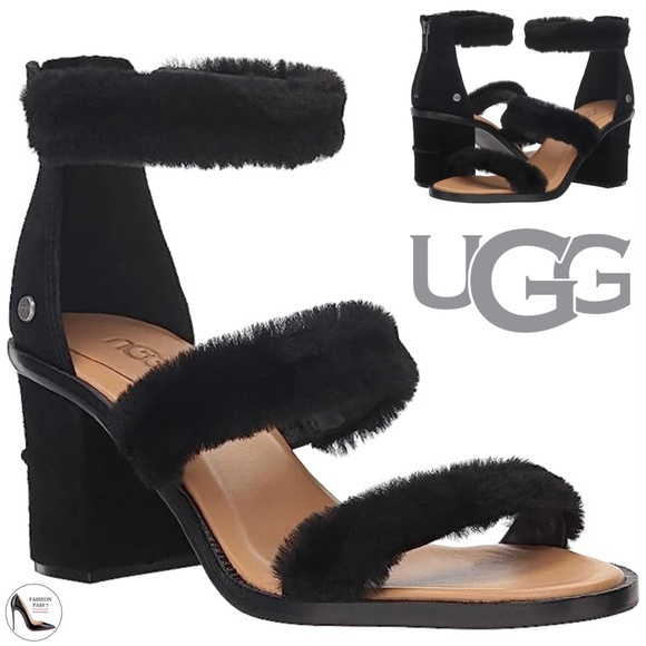 Ugg Del Rey Sheepskin Black Fluff Block Heel Sandal Open Toe Ankle Strap 6 37 - Picture 1 of 12
